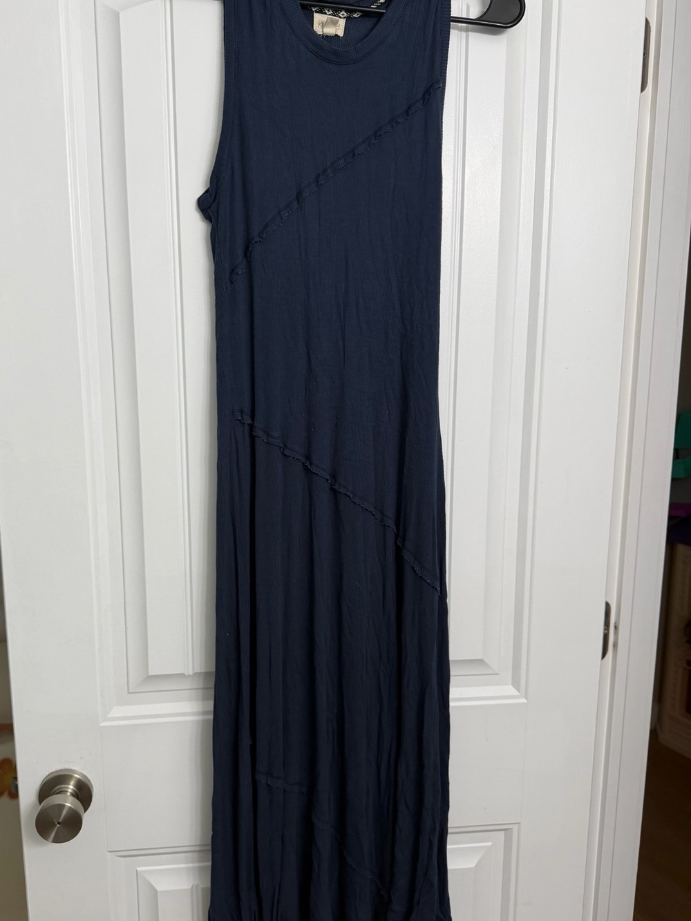 Sleeveless Navy Maxi Dress with Diagonal Seam Detail